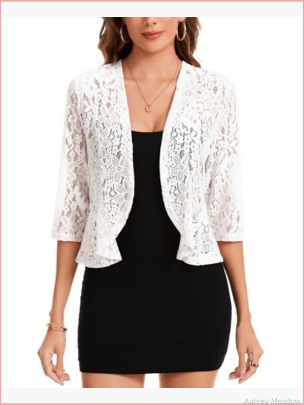 Floral Lace Open Front Cardigan 3/4 Sleeve Cropped Bolero Shrug - Picture 2 of 7